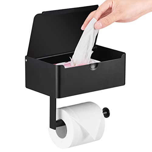 LAYUKI Toilet Paper Holder with Shelf, Wipe Holder for Bathroom, Large, Stainless Steel, Wall Mounted, Matt Black, Upgraded Toilet Paper Holder - Image 1