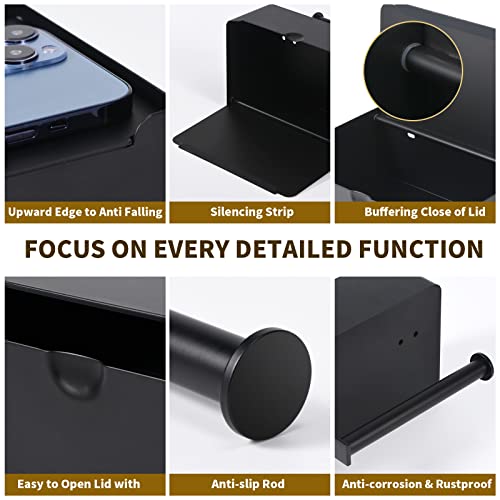 LAYUKI Toilet Paper Holder with Shelf, Wipe Holder for Bathroom, Large, Stainless Steel, Wall Mounted, Matt Black, Upgraded Toilet Paper Holder - Image 3