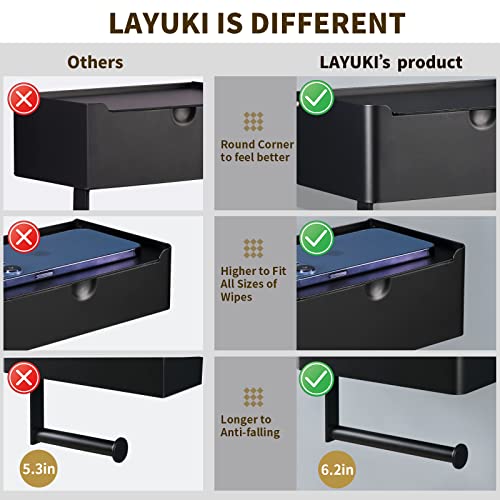 LAYUKI Toilet Paper Holder with Shelf, Wipe Holder for Bathroom, Large, Stainless Steel, Wall Mounted, Matt Black, Upgraded Toilet Paper Holder - Image 4