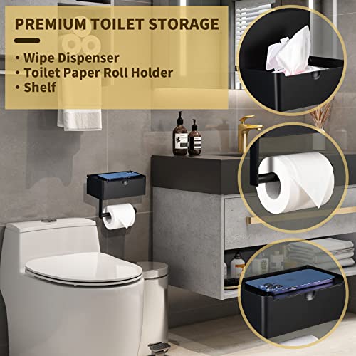 LAYUKI Toilet Paper Holder with Shelf, Wipe Holder for Bathroom, Large, Stainless Steel, Wall Mounted, Matt Black, Upgraded Toilet Paper Holder - Image 2