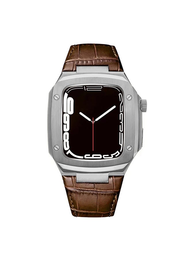 O Ozone Stainless Steel Case with Genuine Leather Watch Band For Apple Watch 44mm 45mm, Luxury Metal Protective Bumper Cover for Men- Brown - Image 1