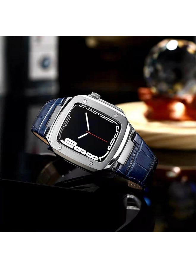 O Ozone Stainless Steel Case with Genuine Leather Watch Band For Apple Watch 44mm 45mm, Luxury Metal Protective Bumper Cover for Men- Brown - Image 2