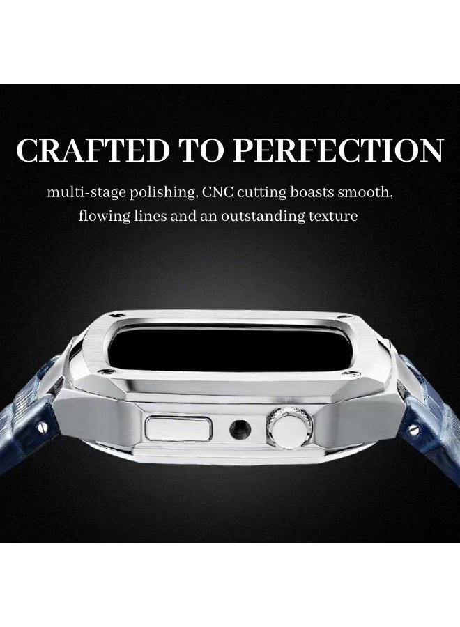 O Ozone Stainless Steel Case with Genuine Leather Watch Band For Apple Watch 44mm 45mm, Luxury Metal Protective Bumper Cover for Men- Brown - Image 3