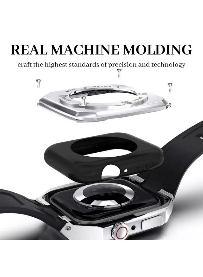 O Ozone Stainless Steel Case with Genuine Leather Watch Band For Apple Watch 44mm 45mm, Luxury Metal Protective Bumper Cover for Men- Brown - Image 4