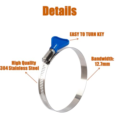 ISPINNER 2pcs 3 Inch Key-Type 304 Stainless Steel Worm Gear Hose Clamps, Adjustable Size Range 60-80mm Clamps for Dryer Vent, Dust Collector and Automotive - Image 3