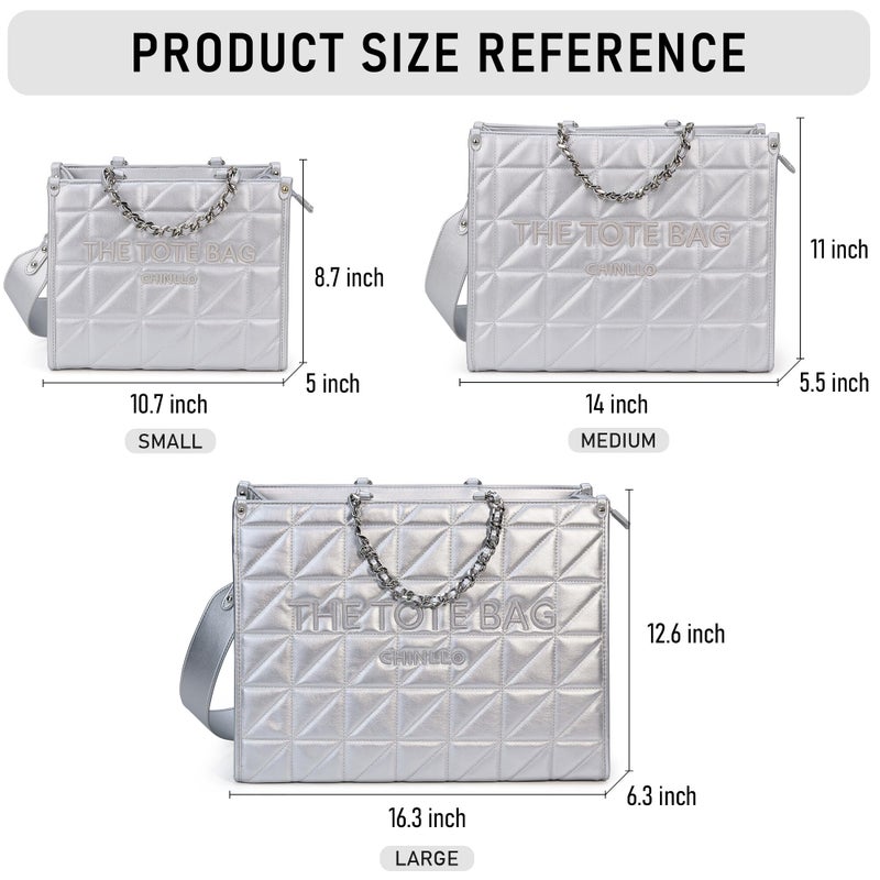 Chinllo Tote Bag for Women Quilted Chains Satchel Purse and Handbags with Shoulder Strap (E.Silver-S) - Image 3