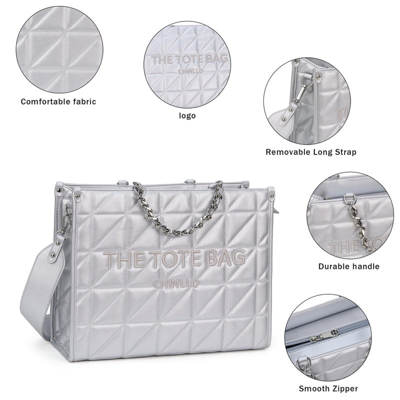 Chinllo Tote Bag for Women Quilted Chains Satchel Purse and Handbags with Shoulder Strap (E.Silver-S) - Image 4
