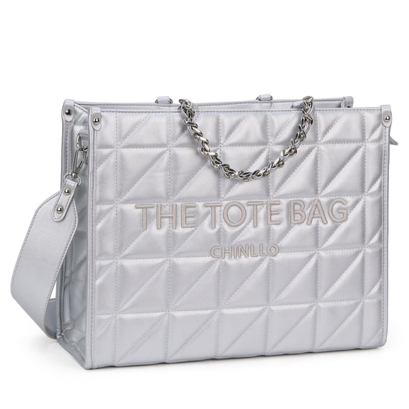 Chinllo Tote Bag for Women Quilted Chains Satchel Purse and Handbags with Shoulder Strap (E.Silver-S) - Image 1