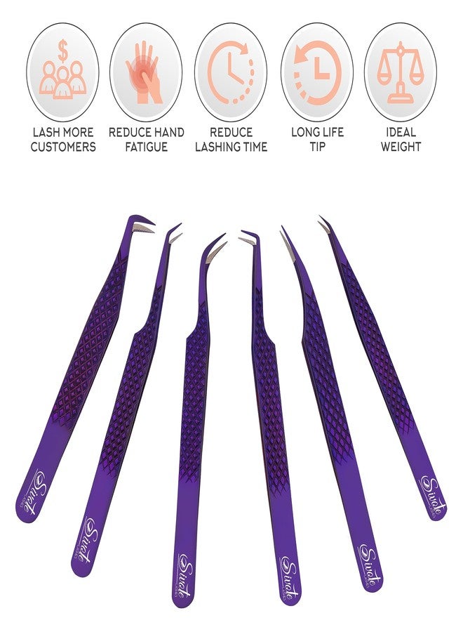 SIVOTE Eyelash Extension Tweezers Fiber Tips, Set of 6, Curved, Dolphin, 90 Degree 45 Degree, Volume Boot & Slight Curved Tweezer, Purple - Image 5