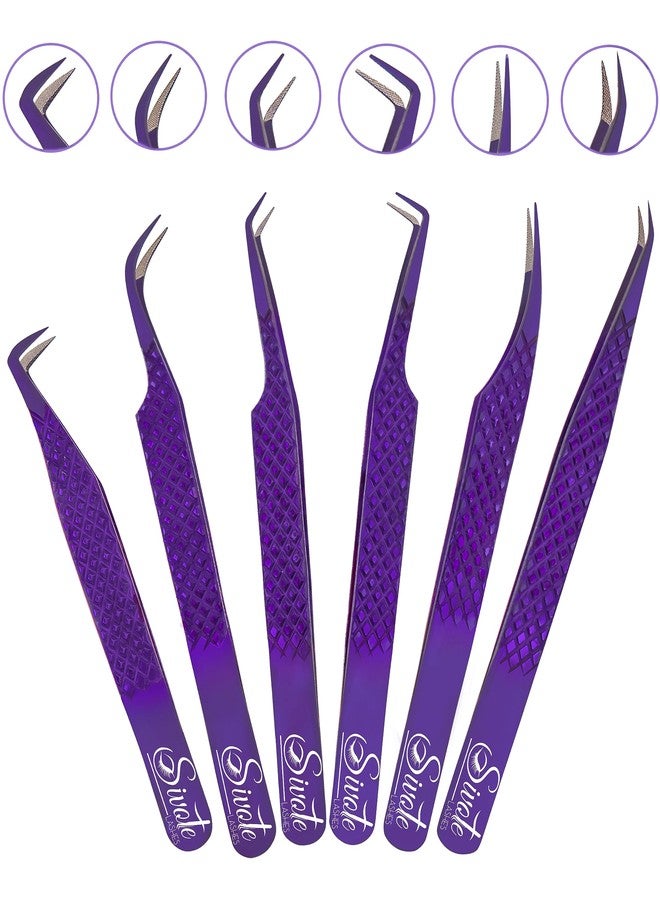 SIVOTE Eyelash Extension Tweezers Fiber Tips, Set of 6, Curved, Dolphin, 90 Degree 45 Degree, Volume Boot & Slight Curved Tweezer, Purple - Image 1