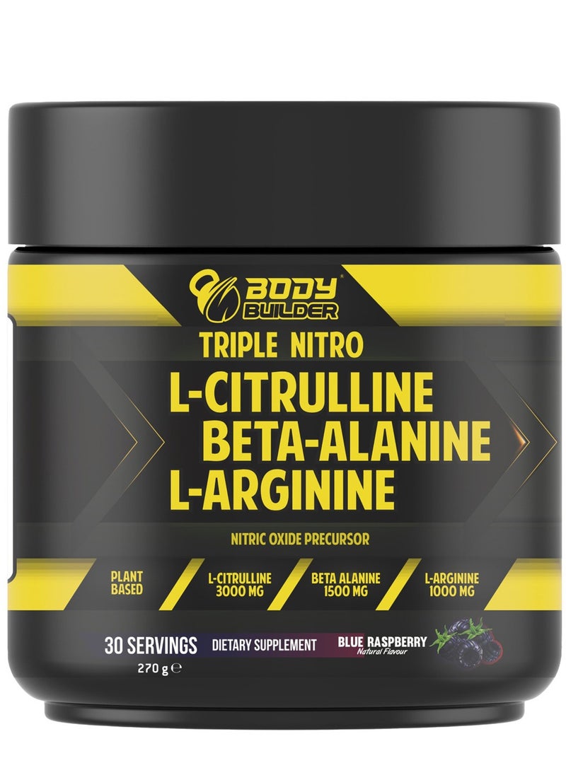Body Builder - Triple Nitro-Nitric Oxide Booster, L-Citrulline , Beta Alanine , L-Arginine , Blue Raspberry, 30 Servings-270 gm - Image 1