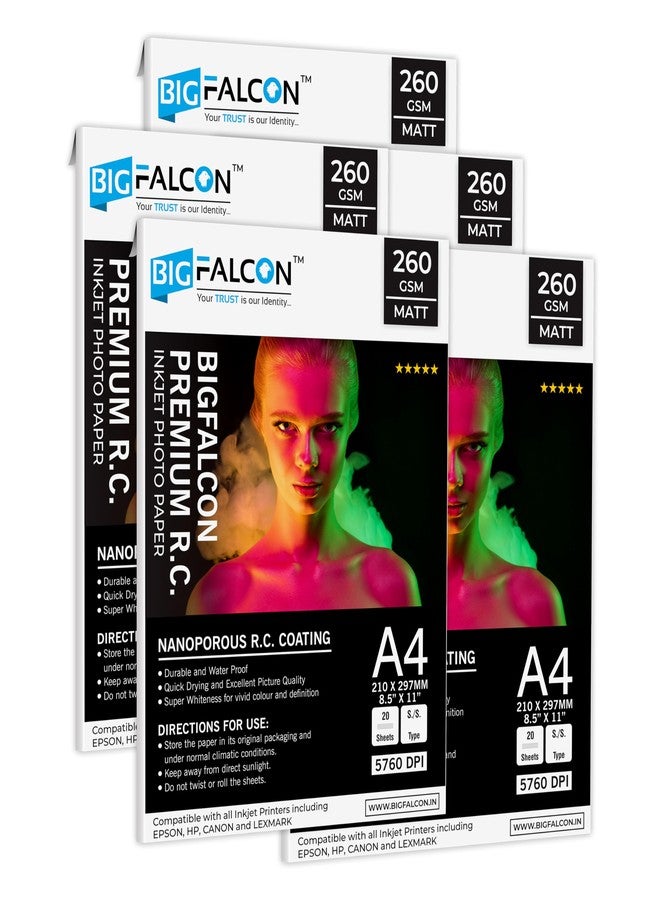 BIGFALCON Premium MATT Photo Paper 260 GSM A4 Size (210x297mm) RC Resin Coated Water proof Inkjet Photo Paper 100 Sheets for all Inkjet Printer (Pack of 5) - Image 1