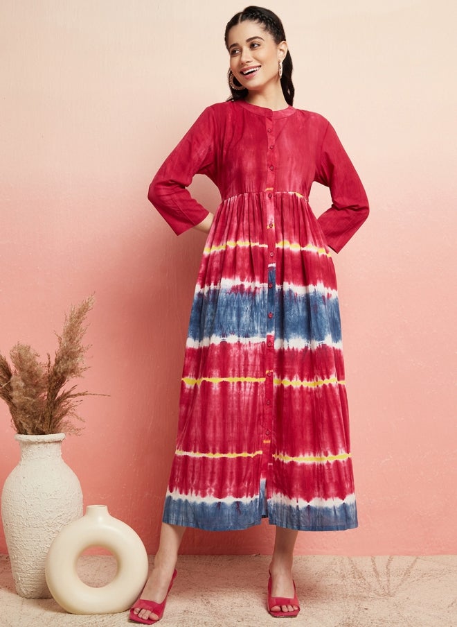 AKS Red Tie and Dye Empire Midi Dress for Women - Image 1
