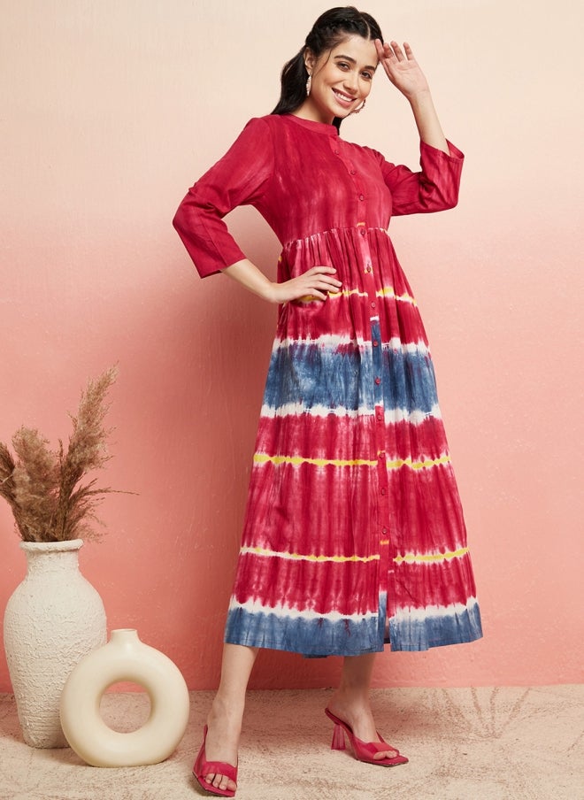 AKS Red Tie and Dye Empire Midi Dress for Women - Image 3