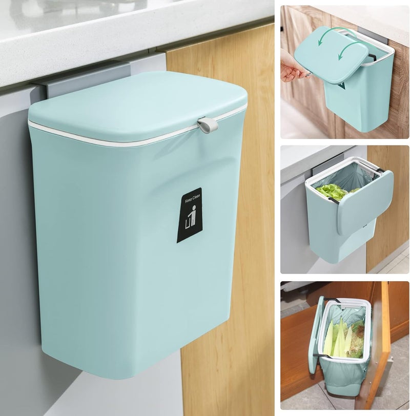 Tiyafuro 2.4 Gallon Kitchen Compost Bin for Counter Top or Under Sink, Hanging Small Trash Can with Lid for Cupboard/Bathroom/Bedroom/Office/Camping, Mountable Indoor Compost Bucket (Blue) - Image 1