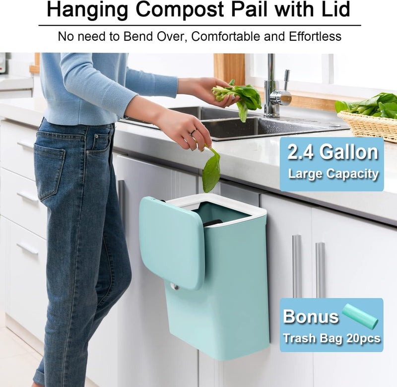 Tiyafuro 2.4 Gallon Kitchen Compost Bin for Counter Top or Under Sink, Hanging Small Trash Can with Lid for Cupboard/Bathroom/Bedroom/Office/Camping, Mountable Indoor Compost Bucket (Blue) - Image 2