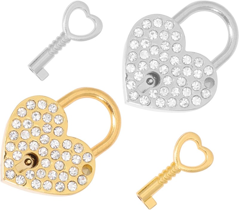 2 Sets Heart Shaped Padlocks with Rhinestones, Small Keyed Locks for Travel, Couples, Luggage, Silver and Gold Mini Locks with Keys - Image 1