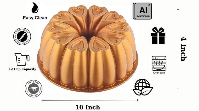 MIENCA Heart Shape Aluminum Cake Pan, Titanium Coating, Non-Stick, 12 Cups, Heavy Duty, Gifts for Mom, Molded Cake Pan, 10 Inch Baking Mold, Cast Aluminum Fluted Tube Pan, Easy to Clean (Gold) - Image 2