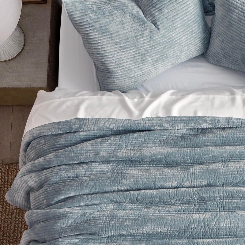 EVERGRACE Velvet Quilt Set Queen Size, Luxurious Soft Quilted Bedding Sets, Lightweight Velvet Comforter for All Season, Striped Channel Bedspread Coverlet with 2 Shams, Blue Linen - Image 4