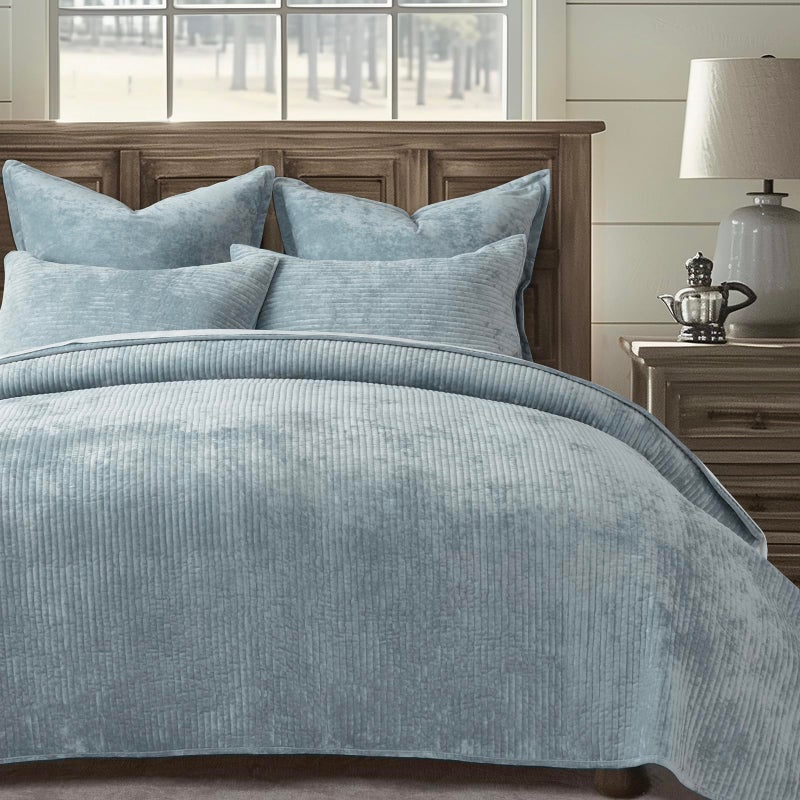 EVERGRACE Velvet Quilt Set Queen Size, Luxurious Soft Quilted Bedding Sets, Lightweight Velvet Comforter for All Season, Striped Channel Bedspread Coverlet with 2 Shams, Blue Linen - Image 1