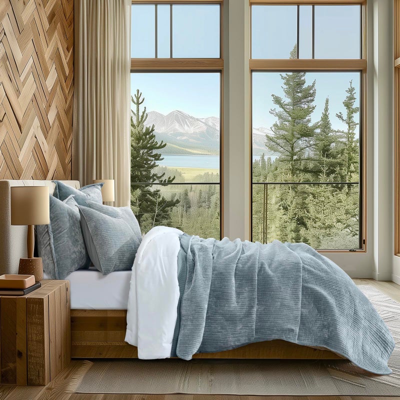 EVERGRACE Velvet Quilt Set Queen Size, Luxurious Soft Quilted Bedding Sets, Lightweight Velvet Comforter for All Season, Striped Channel Bedspread Coverlet with 2 Shams, Blue Linen - Image 3