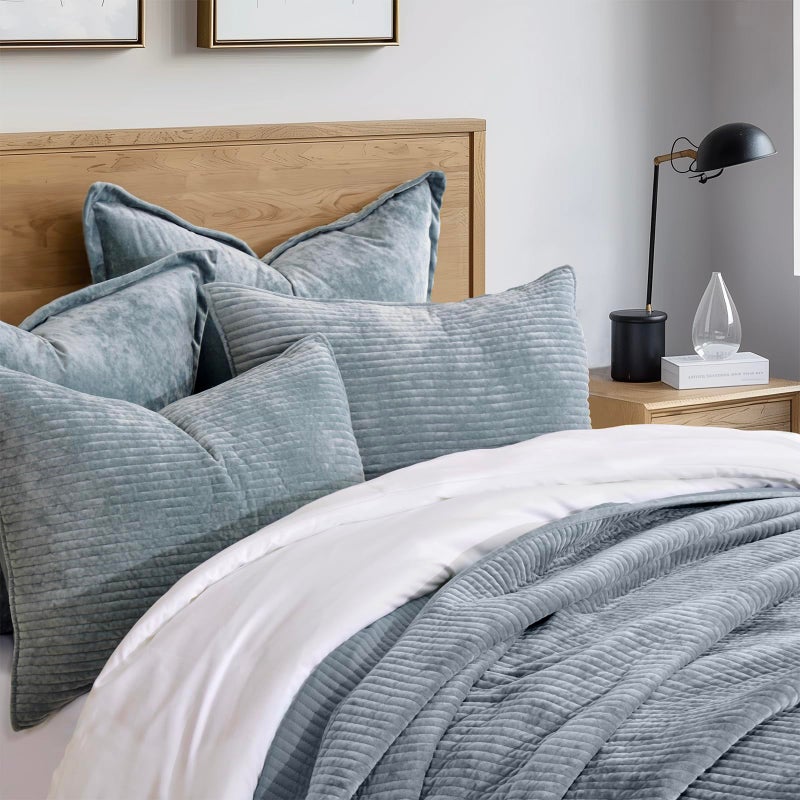 EVERGRACE Velvet Quilt Set Queen Size, Luxurious Soft Quilted Bedding Sets, Lightweight Velvet Comforter for All Season, Striped Channel Bedspread Coverlet with 2 Shams, Blue Linen - Image 2