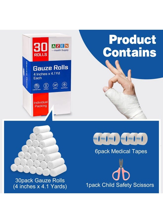 AZEN 30 Pack Gauze Rolls Bandages, 4 in x 4.1 Yards, Premium Medical Supplies & First Aid Supplies, Bandage Wrap Vet Wrap, Mummy Wraps - Image 2