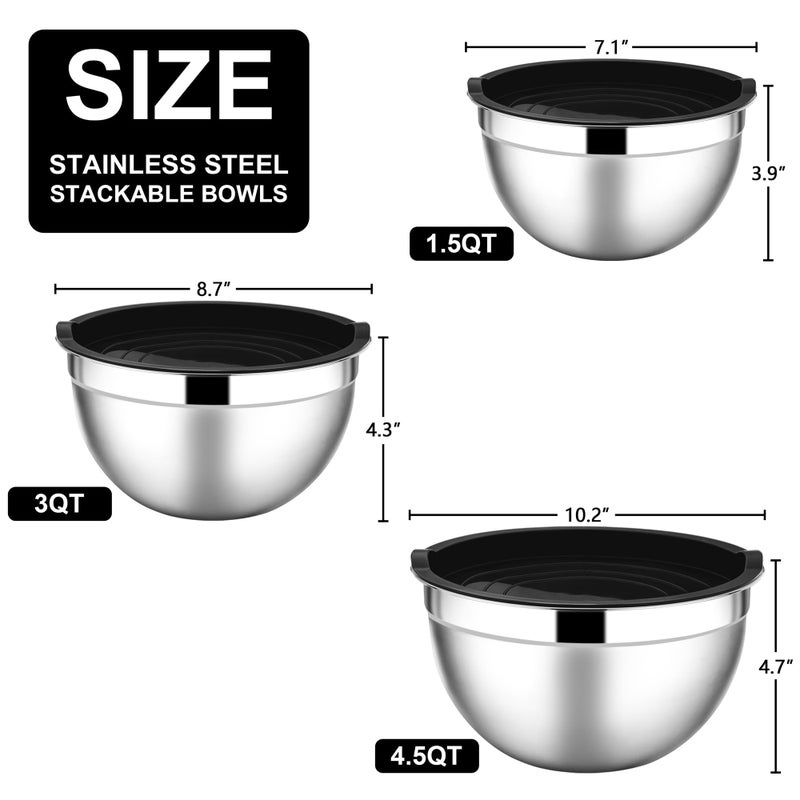 E-far Mixing Bowls with Lids, 3 Piece Stainless Steel Salad Bowl Metal Nesting Bowls for Baking Cooking and Prepping, Airtight Lids & Stackable Design, Size 4.5, 3, 1.5 QT (Black) - Image 2