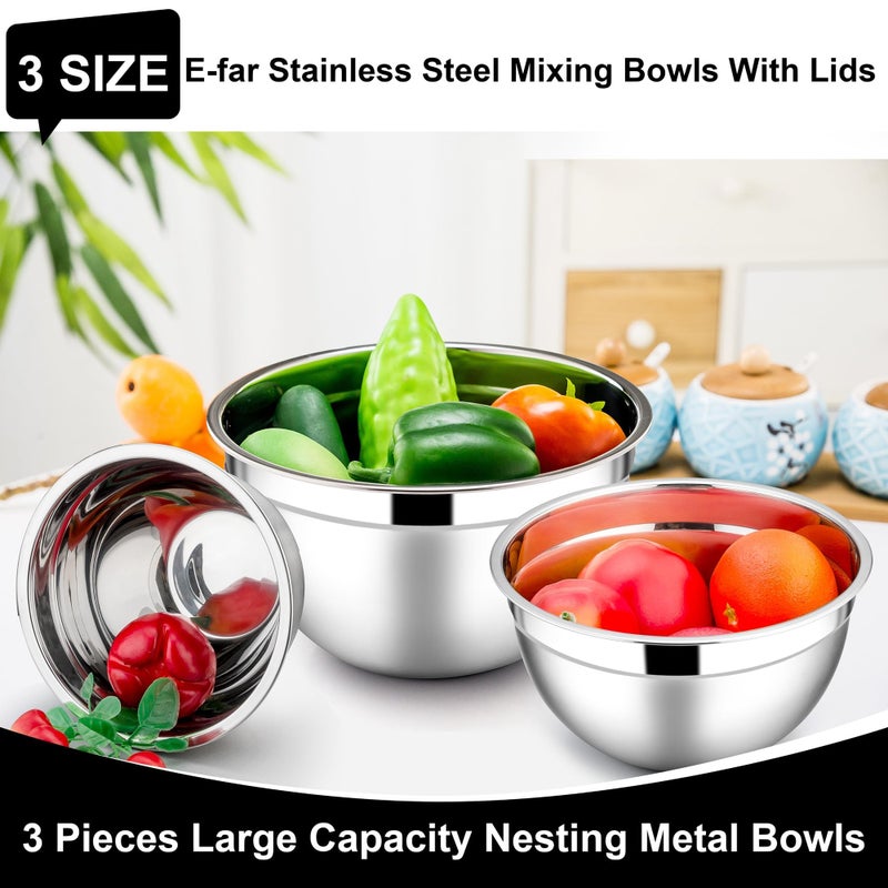 E-far Mixing Bowls with Lids, 3 Piece Stainless Steel Salad Bowl Metal Nesting Bowls for Baking Cooking and Prepping, Airtight Lids & Stackable Design, Size 4.5, 3, 1.5 QT (Black) - Image 3