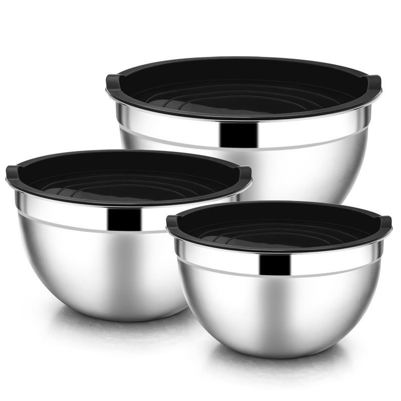 E-far Mixing Bowls with Lids, 3 Piece Stainless Steel Salad Bowl Metal Nesting Bowls for Baking Cooking and Prepping, Airtight Lids & Stackable Design, Size 4.5, 3, 1.5 QT (Black) - Image 1