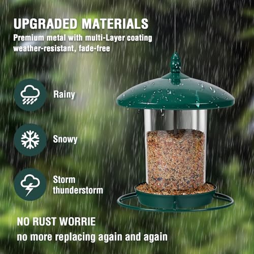 Youvip Metal Bird Feeder for Outdoors Hanging,3.0LB Seed Feeder,Easy to Fill & Clean,360° Feeding,Chew Proof Weatherproof Roof for Gardens and Wild Birds,Green - Image 2