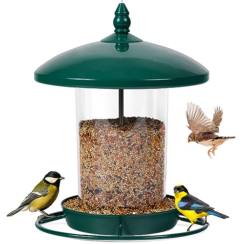 Youvip Metal Bird Feeder for Outdoors Hanging,3.0LB Seed Feeder,Easy to Fill & Clean,360° Feeding,Chew Proof Weatherproof Roof for Gardens and Wild Birds,Green - Image 1