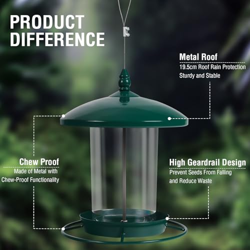 Youvip Metal Bird Feeder for Outdoors Hanging,3.0LB Seed Feeder,Easy to Fill & Clean,360° Feeding,Chew Proof Weatherproof Roof for Gardens and Wild Birds,Green - Image 4