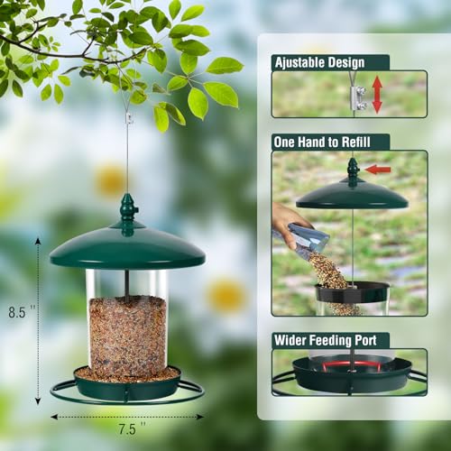 Youvip Metal Bird Feeder for Outdoors Hanging,3.0LB Seed Feeder,Easy to Fill & Clean,360° Feeding,Chew Proof Weatherproof Roof for Gardens and Wild Birds,Green - Image 3