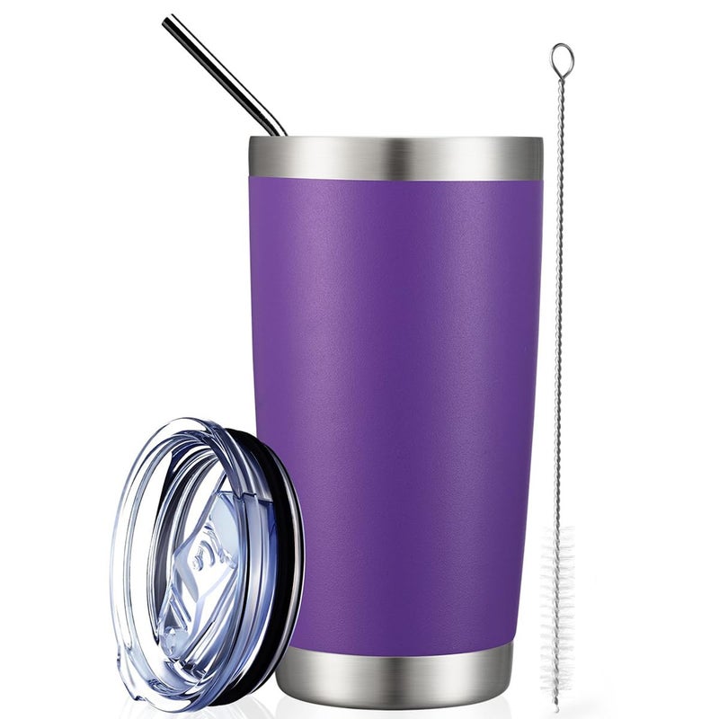 COMOOO 20oz Double Wall Vacuum Insulated Travel Mug Stainless Steel Tumbler with Lid and Straw for Women Durable Powder Coated Insulated Coffee Cup for Cold  Hot DrinksPurple 1 Pack