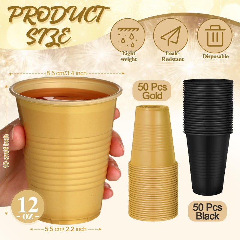 Funnymoom Black and Gold Disposable Plastic Cups 12 oz Graduation Cups Bulk for Party Graduation Christmas Holiday Wedding Birthday Party Supplies - Image 1