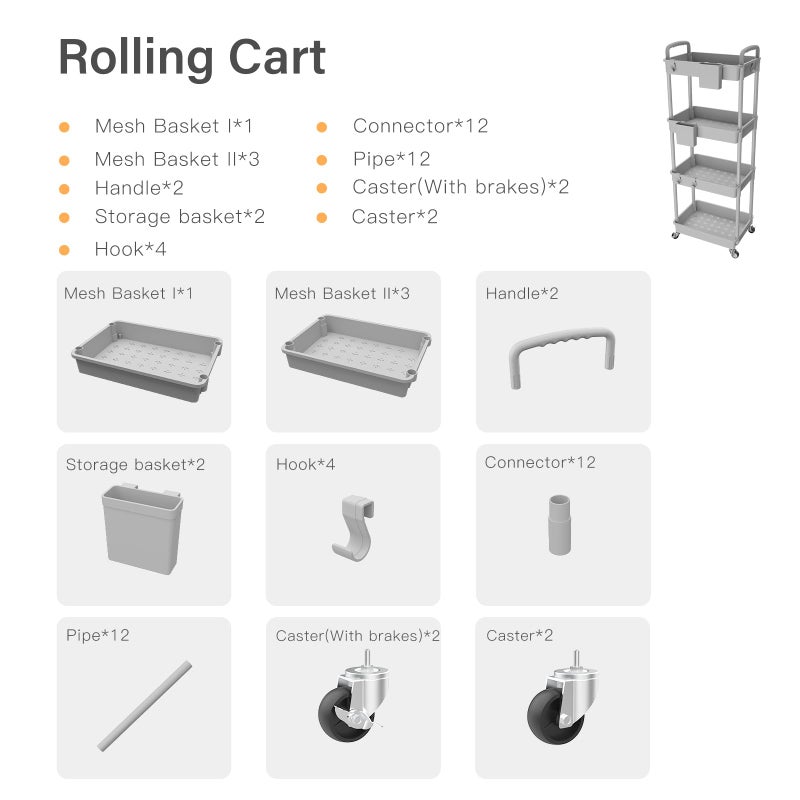 REBECAT 4 Tier Rolling Utility Cart with Handle,REBECAT Utility Cart Made of Multifunctional Storage Organizer Tool for Kitchen,Bathroom,Living Room,Office(Gray) - Image 5