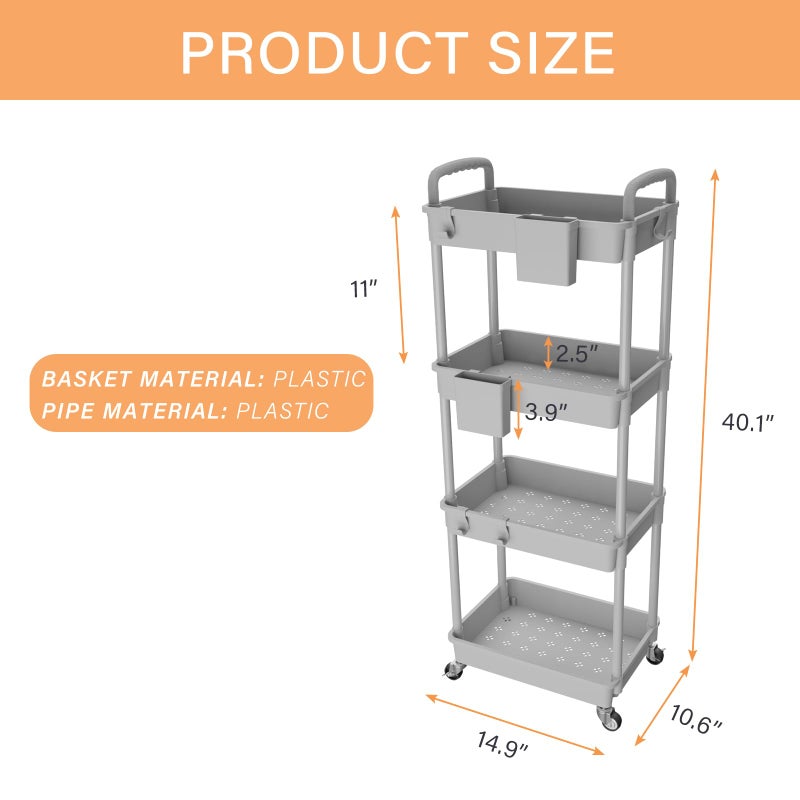 REBECAT 4 Tier Rolling Utility Cart with Handle,REBECAT Utility Cart Made of Multifunctional Storage Organizer Tool for Kitchen,Bathroom,Living Room,Office(Gray) - Image 2