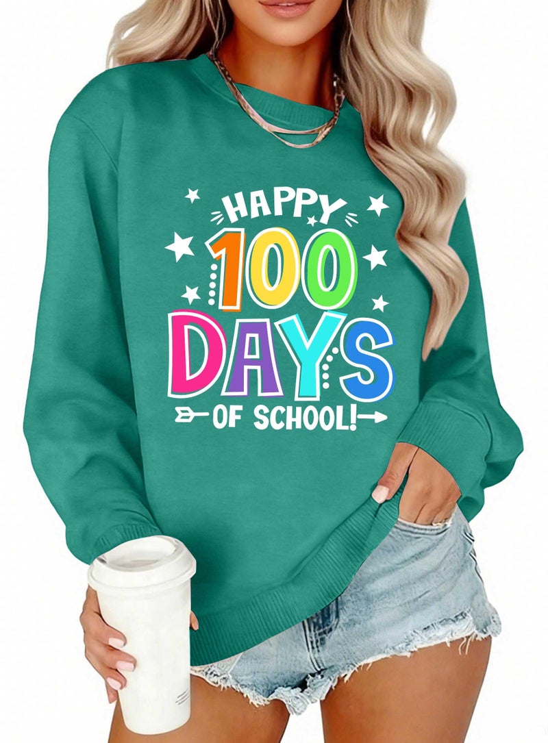 CAZYCHILD 100 Days of School Sweatshirt for Women Happy 100th Days Shirt Teacher Pencil Graphic Long Sleeve Tee Tops Green - Image 2