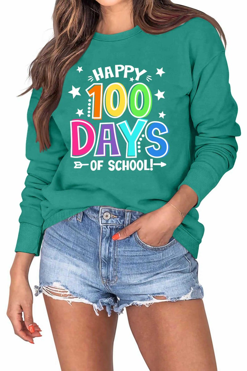 CAZYCHILD 100 Days of School Sweatshirt for Women Happy 100th Days Shirt Teacher Pencil Graphic Long Sleeve Tee Tops Green - Image 1