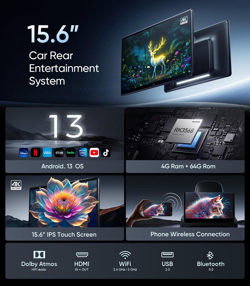 Seventour 15.6 بوصة 4K أندرويد 13 شاشة تلفاز رأس السيارة لنظام الترفيه الخلفي في السيارات، تدعم ربط الهاتف لاسلكيًا مع شاشة تعمل باللمس، مع واي فاي/بلوتوث/HDMI/USB/مشغل فيديو (4G+64G(2*PCs)) - Image 2