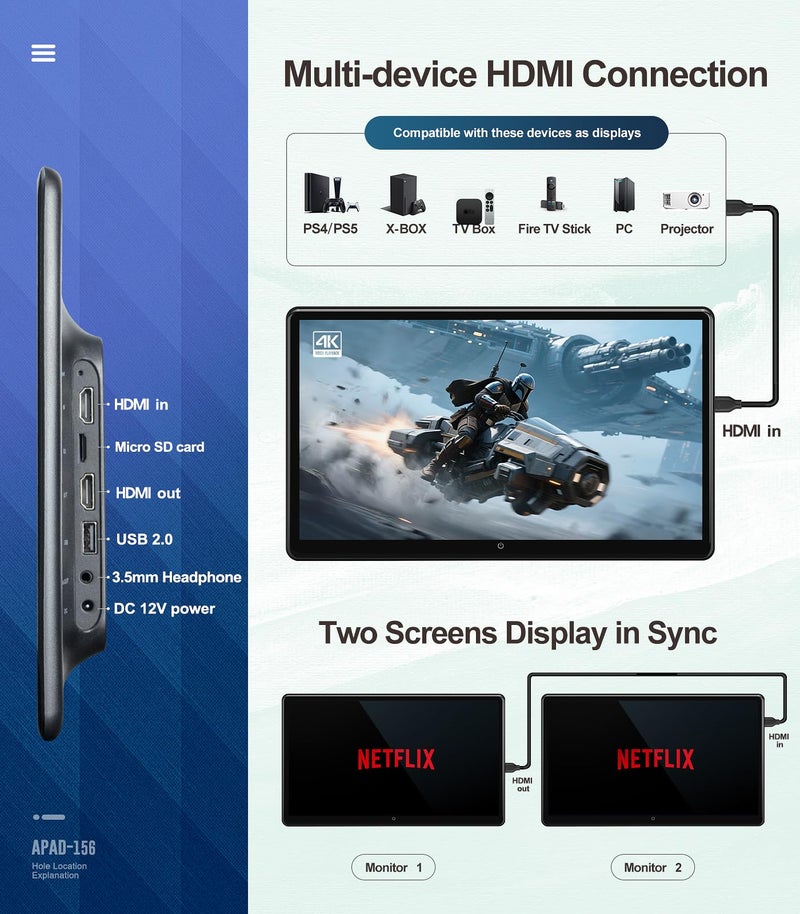 Seventour 15.6 بوصة 4K أندرويد 13 شاشة تلفاز رأس السيارة لنظام الترفيه الخلفي في السيارات، تدعم ربط الهاتف لاسلكيًا مع شاشة تعمل باللمس، مع واي فاي/بلوتوث/HDMI/USB/مشغل فيديو (4G+64G(2*PCs)) - Image 5