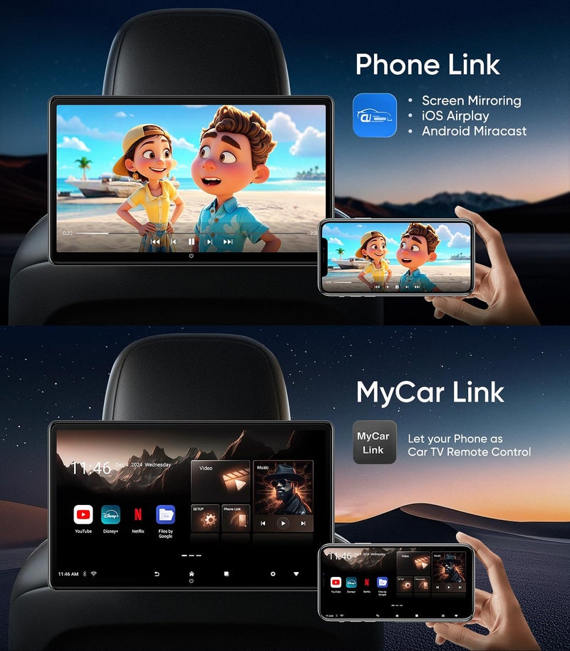 Seventour 15.6 بوصة 4K أندرويد 13 شاشة تلفاز رأس السيارة لنظام الترفيه الخلفي في السيارات، تدعم ربط الهاتف لاسلكيًا مع شاشة تعمل باللمس، مع واي فاي/بلوتوث/HDMI/USB/مشغل فيديو (4G+64G(2*PCs)) - Image 4