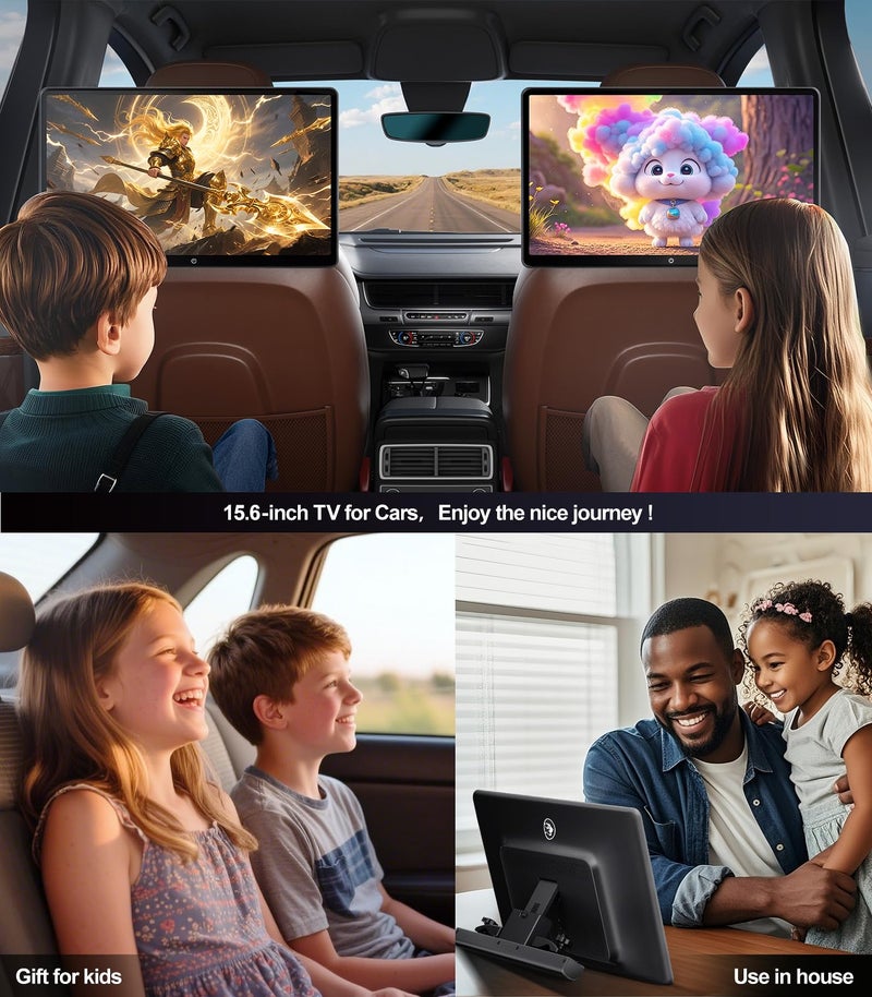 Seventour 15.6 بوصة 4K أندرويد 13 شاشة تلفاز رأس السيارة لنظام الترفيه الخلفي في السيارات، تدعم ربط الهاتف لاسلكيًا مع شاشة تعمل باللمس، مع واي فاي/بلوتوث/HDMI/USB/مشغل فيديو (4G+64G(2*PCs)) - Image 3