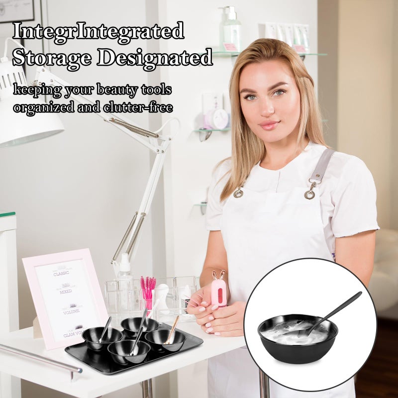 DLUGOPIS 9 PCS Black Esthetician Supplies 4 Black Facial Bowls Esthetician 4 Facial Mixing Spoons Facial Mask Mixing Bowl Large Stainless Steel Skincare Tray Esthetician Spoons for Skin Care Face Mask - Image 2