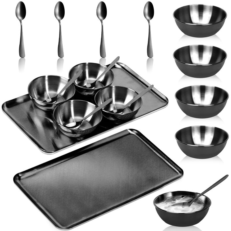 DLUGOPIS 9 PCS Black Esthetician Supplies 4 Black Facial Bowls Esthetician 4 Facial Mixing Spoons Facial Mask Mixing Bowl Large Stainless Steel Skincare Tray Esthetician Spoons for Skin Care Face Mask - Image 1