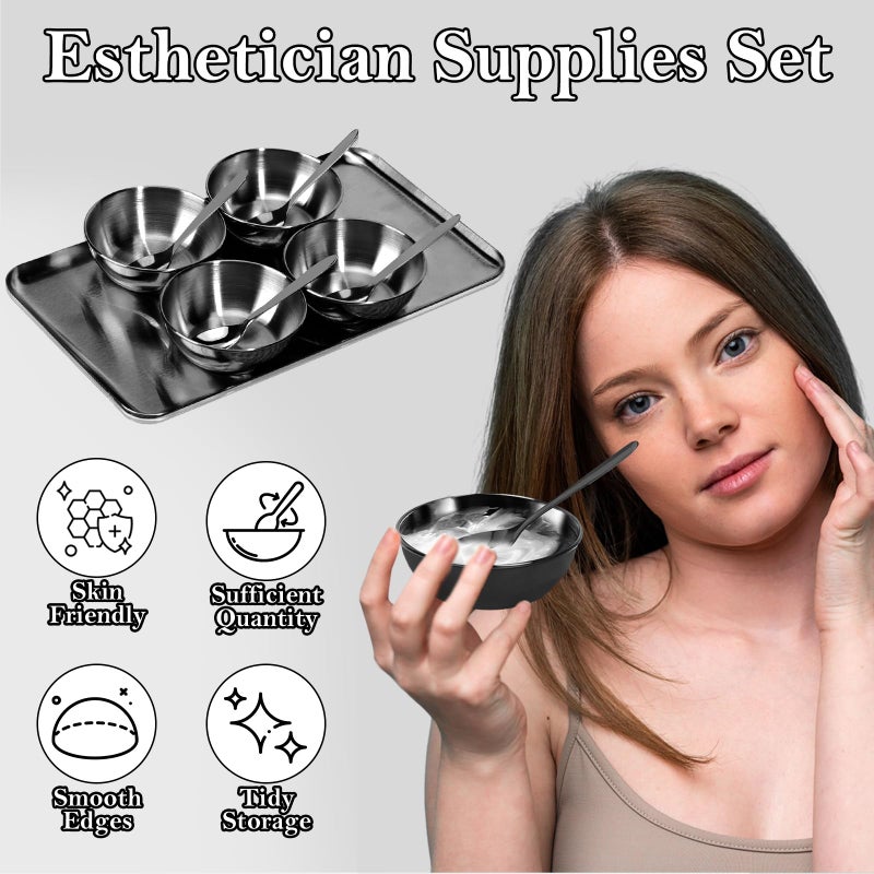 DLUGOPIS 9 PCS Black Esthetician Supplies 4 Black Facial Bowls Esthetician 4 Facial Mixing Spoons Facial Mask Mixing Bowl Large Stainless Steel Skincare Tray Esthetician Spoons for Skin Care Face Mask - Image 3