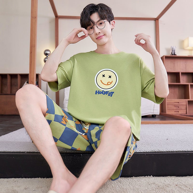 Pajamas Men Summer Cotton Short Sleeve Shorts Teenager Plus Size Boys Middle School Students Home Clothes - Image 3