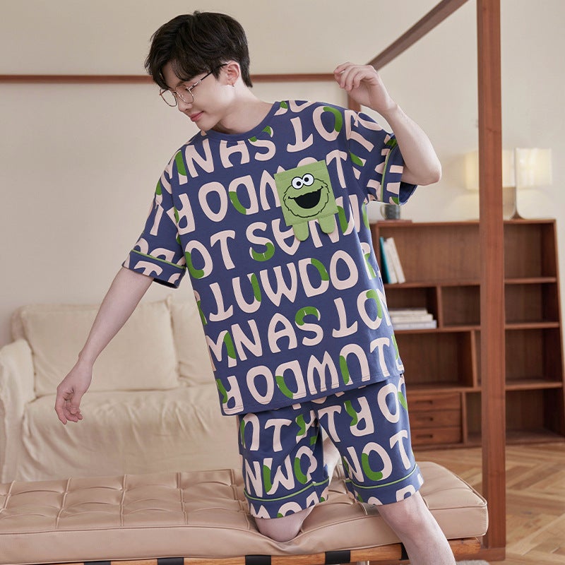 Pajamas Men Summer Cotton Short Sleeve Shorts Teenager Plus Size Boys Middle School Students Home Clothes - Image 1