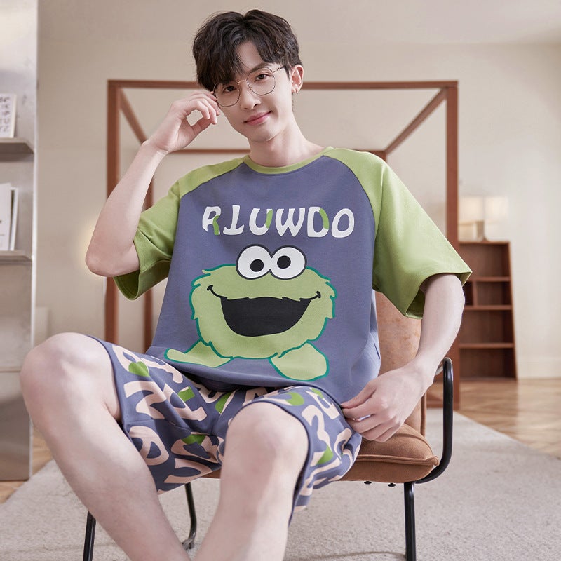 Pajamas Men Summer Cotton Short Sleeve Shorts Teenager Plus Size Boys Middle School Students Home Clothes - Image 5